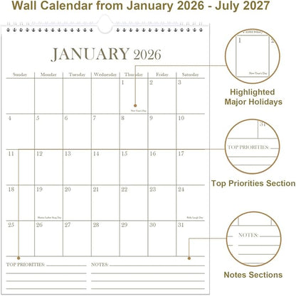 2026 Wall Calendar - 18 Months Calendar from January 2026 - June 2027, Calendar 2026 with Thick Paper, 8.5" x 11", Vertical Calendar, Golden