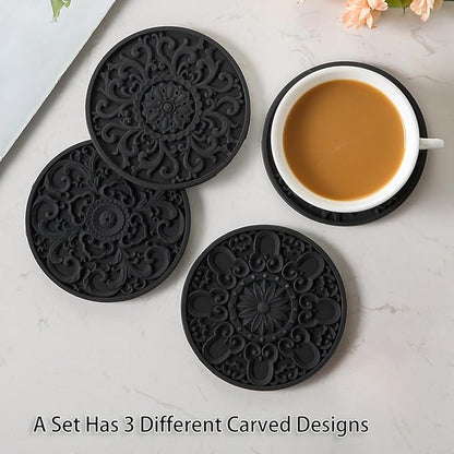 Colinda Silicone Coasters - Set of 6 with Holder, Non-Slip Cup Mats for Hot and Cold Drinks, Decorative Designs, Gift Ready Packaging,Black