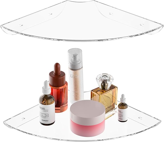 Sezanrpt 9.5x9.5 Inch Acrylic Corner Floating Shelf Set of 2, Clear Corner Wall Shelf for Home Décor, Speakers, Security Cameras, Toileries, Plants, Figures, Cosmetics, Books