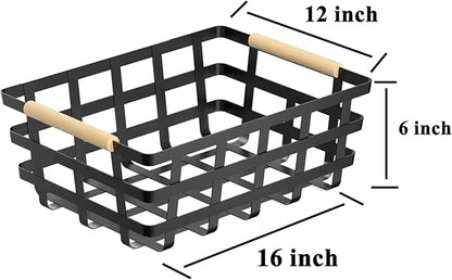 Large Metal Farmhouse Baskets,4 Packs Pantry Storage Baskets,Matte Black Food Organizer Storage Bin Basket with Wood Handles for Kitchen Cabinets Shelf Pantry