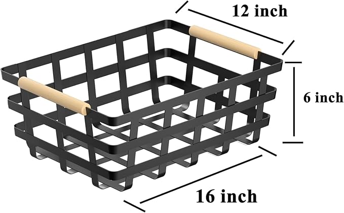 4 Packs Large Metal Storage Baskets,Farmhouse Baskets,Matte Black Pantry Organizer Baskets with Wood Handle, Metal Baskets Bins for Kitchen Pantry Shelf Cabinets