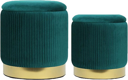 Round Ottoman with Storage Set of 2 Upholstered Velvet Vanity Stool for Living Room Storage Ottomans Multifunctional Foot Rest (Dark Green)
