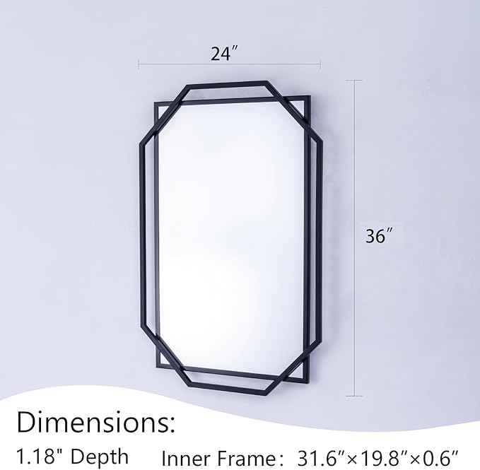 Black Bathroom Mirror, 36" x 24" Mirror Wall Decor with Modern Art Octagonal Metal Frame, for Living Room, Bedroom, Dining Room, Entryway