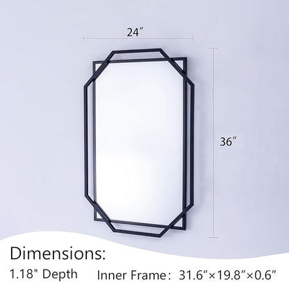 Black Bathroom Mirror, 36" x 24" Mirror Wall Decor with Modern Art Octagonal Metal Frame, for Living Room, Bedroom, Dining Room, Entryway