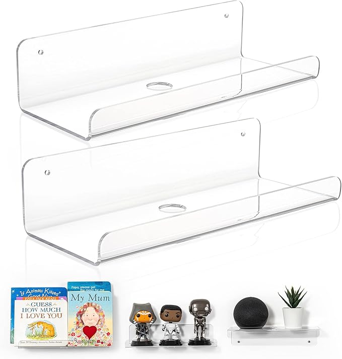 OAPRIRE 2-Pack Clear Acrylic Floating Wall Shelves, 10" Minimalist Book & Decor Shelf Set for Bedroom, Bathroom, Kitchen