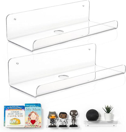 OAPRIRE 2-Pack Clear Acrylic Floating Wall Shelves, 10" Minimalist Book & Decor Shelf Set for Bedroom, Bathroom, Kitchen