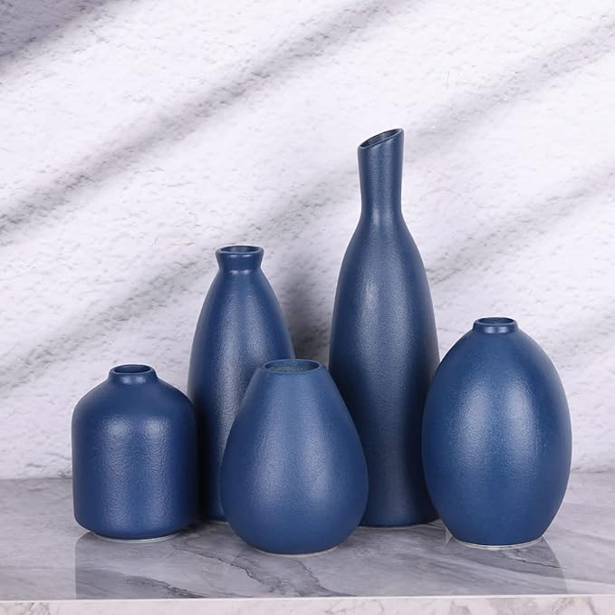 Blue Ceramic Vase - Set of 5 Blue Bud Vases, Modern Farmhouse Navy Blue Decorative Vases for Home, Office, Living Room, Table Decor - Ideal Centerpieces for Flowers, Shelf and Fireplace Accents