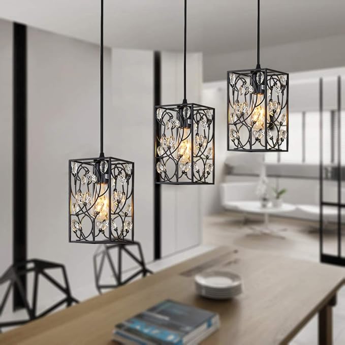 Modern Mini Crystal Pendant Light with Metal Cage 1-Light Rectangular Pendant Lighting Fixture for Kitchen Island Sink Countertop Dining Room Farmhouse, Matte Black Finish