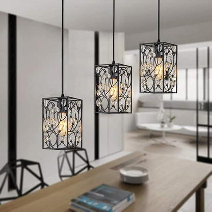 Modern Mini Crystal Pendant Light with Metal Cage 1-Light Rectangular Pendant Lighting Fixture for Kitchen Island Sink Countertop Dining Room Farmhouse, Matte Black Finish