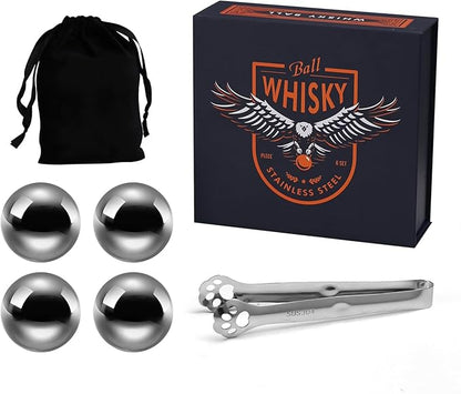 Stainless Steel Whiskey Ice Balls, Whiskey Stones, Set of 4 Reusable Metal Ice Cubes for Chilling Whiskey & Beverages - Gift Set for Men