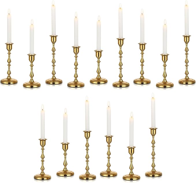 Brass Candlestick Holders Vintage: Set of 15 Gold Taper Candle Holder Metal Candle Sticks Holder Antique Decoration for Dinning Table Mantel Wedding Centerpieces Christmas Party