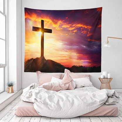 BERRY Jesus Christ Cross Sunrise Tapestry Sunset Sepulcher Lord Pray Easter Crucifixion Religious Belief Wall Hangings Decor Large Tapestry for Bedroom Living Room Dorm College Church Man Cave(80x60