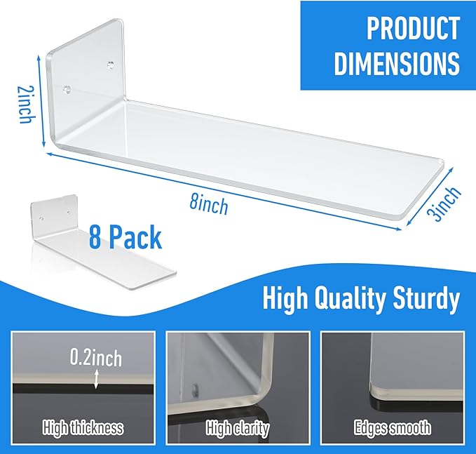 8 Pieces Floating Shoe Racks, Clear Acrylic Floating Shoe Display Shelves with Screws and Anchors, 8 X 3 Inch Floating Shoe Shelves for Wall, Great for Bedroom, Gaming Room, Sneaker Collection