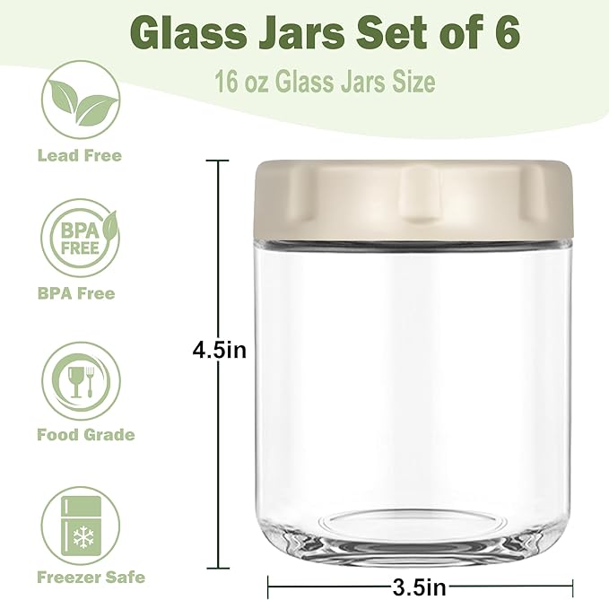 6 Pack Glass Overnight Oats Jars with Airtight Lid, 16OZ Wide Mouth Mason Jars, Leak Proof Glass Food Storage Containers for Yogurt, Oats, Chia Pudding, Snacks, Spice, Sugar