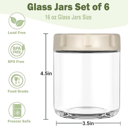 6 Pack Glass Overnight Oats Jars with Airtight Lid, 16OZ Wide Mouth Mason Jars, Leak Proof Glass Food Storage Containers for Yogurt, Oats, Chia Pudding, Snacks, Spice, Sugar