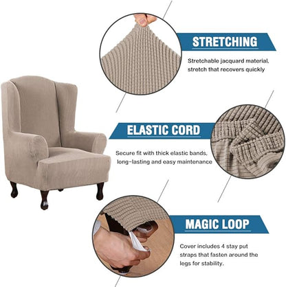 H.VERSAILTEX Wing Chair Slipcover Chair Covers for Wingback Chairs Wingback Chair Covers Slipcovers 1 Piece Stretch Sofa Cover Furniture Protector Soft Spandex Jacquard Checked Pattern, Sand