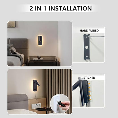Wall Mounted Reading Light for Books in Bed, Bedside Wall Lamps with 3 Dimming, 350°Rotation Plug in Wall Sconce, Upgrade Headboard Bedside Lamp for Bedroom Living Room (Black)