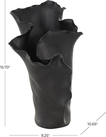 Deco 79 Ceramic Abstract Floral Inspired Vase with Wavy Folded Rim, 9" x 11" x 16", Black