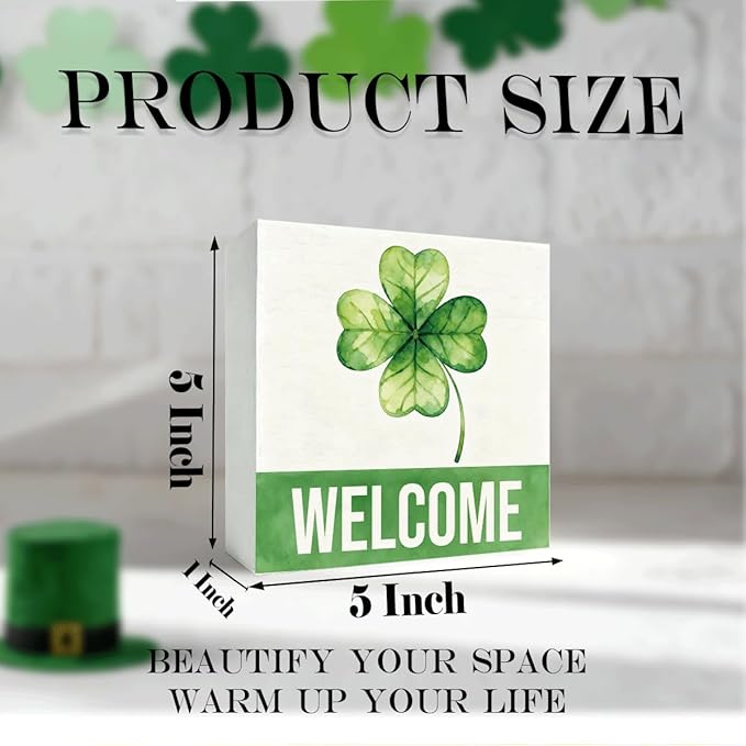 St Patrick's Day Welcome Decor Wooden Box Sign, Green Shamrock Tabletop Welcome Sign for Home Entryway Shelf Desk, Minimal Farmhouse Holiday Wooden Decoration for Spring Irish Theme 5 x 5 Inches