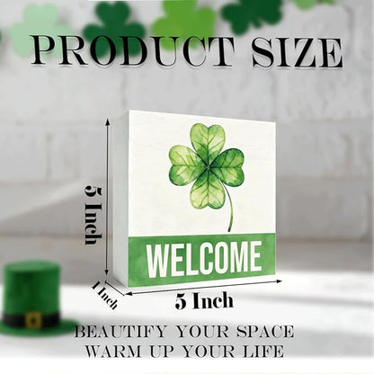 St Patrick's Day Welcome Decor Wooden Box Sign, Green Shamrock Tabletop Welcome Sign for Home Entryway Shelf Desk, Minimal Farmhouse Holiday Wooden Decoration for Spring Irish Theme 5 x 5 Inches