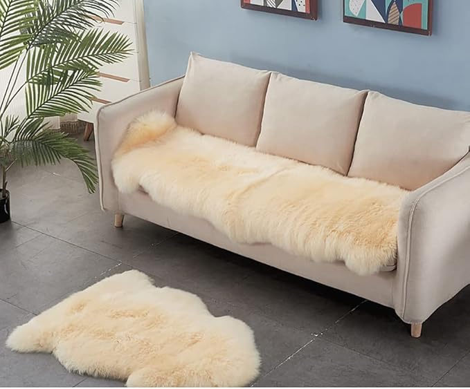 HUAHOO Premium Genuine Sheepskin Rug Beige Real Australia Sheepskin Natural Luxury Fluffy Lambskin Fur Area Rug Seat Covers for Kids Bedroom Sofa Chair Cover Pets Dogs Mat Quarto Pelt/4' x 6' Beige