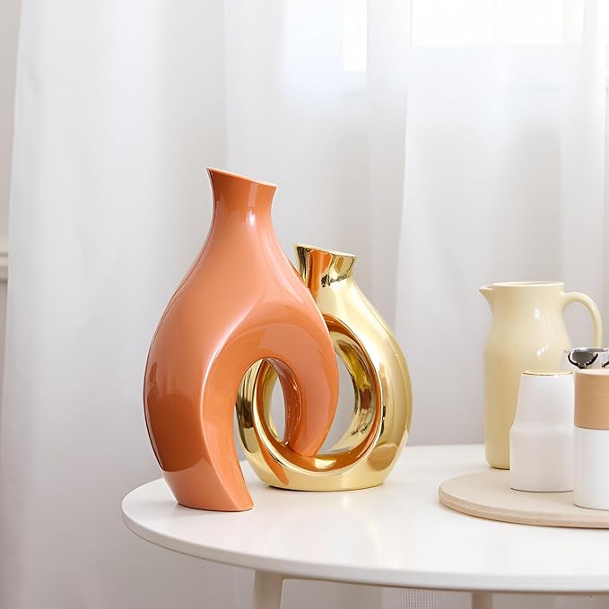 Orange Gold Modern Abstract Ceramic Vases for Home Decor,Nordic Snuggle Hollow Design for Flowers Pampas Grass Decorative,for Living Room Coffee Table Centerpiece,Entrance,Console (Orange)