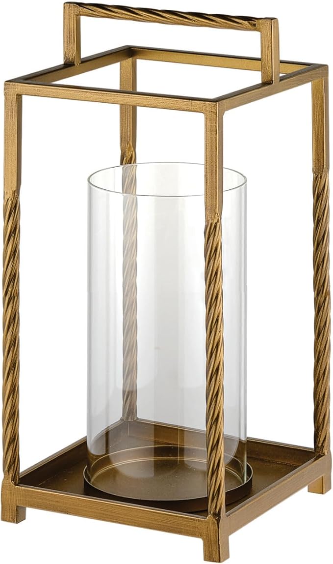 13" Modern Metal Lantern with Twisted Rope-style Frame In Antique Brass with Glass Hurricane For Pillars, String Light. Centerpiece, Mantel, Ambient Lighting, Farmhouse, Transitional, Patios, Entryway
