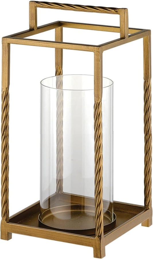 13" Modern Metal Lantern with Twisted Rope-style Frame In Antique Brass with Glass Hurricane For Pillars, String Light. Centerpiece, Mantel, Ambient Lighting, Farmhouse, Transitional, Patios, Entryway