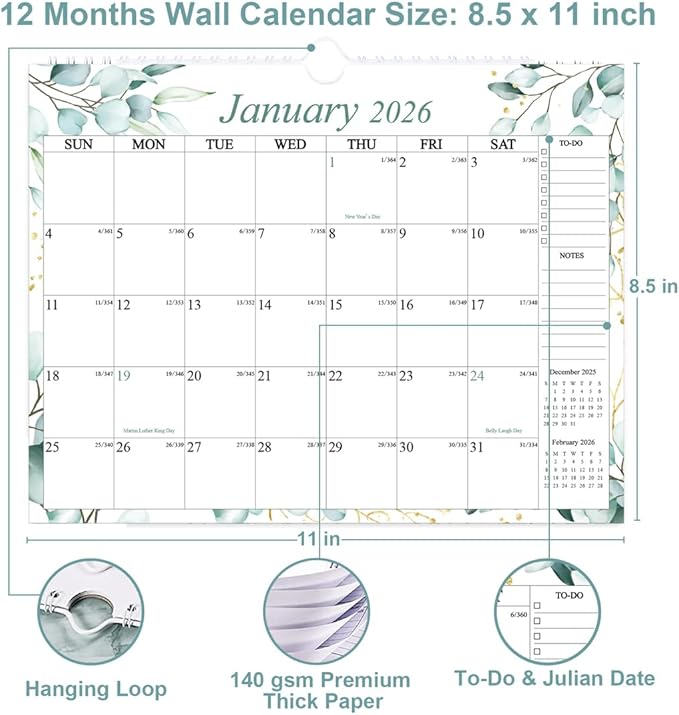 Calendar 2026-12 Months Wall Calendar from January 2026 to December 2026, 2026 Wall Hanging Calendar Planner with Thick Paper, 8.5" x 11", Teal Leaf
