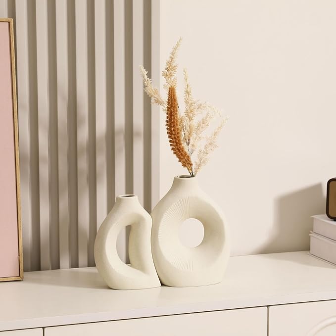 Ceramic Vase Set of 2 - Handcrafted Ceramic Vases for Home Decor & Shelf - Modern Farmhouse Decor for Kitchen, Office, Bedroom & Living Room Decorative Objects for Mantel, Table Centerpieces