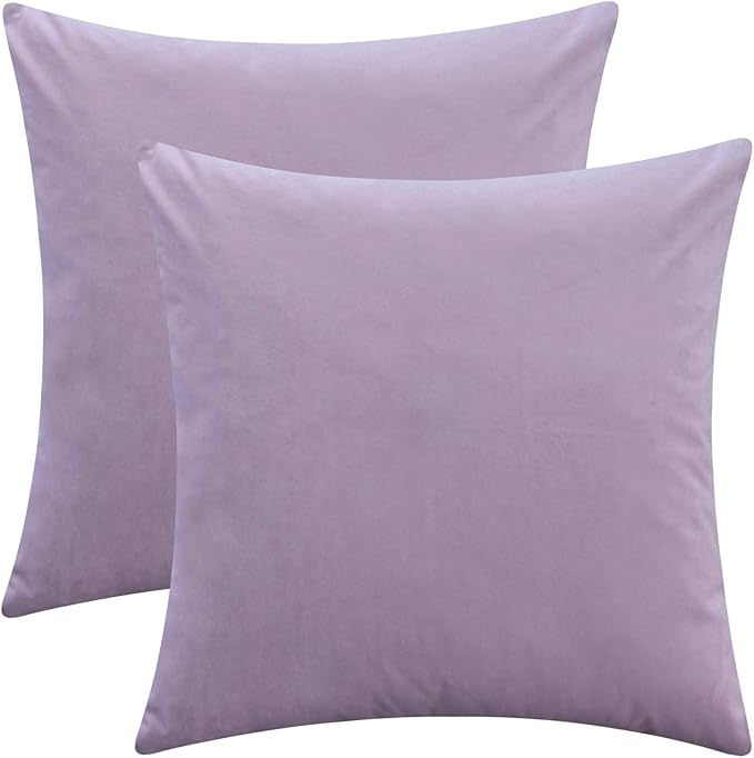 Set of 2 Soft Velvet Throw Pillow Covers, Decorative Solid Cushion Cases for Sofa Couch and Bed - 20"x20", Lavender