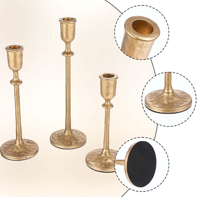 Antique Brass Iron Taper Candle Holder - Set of 3 Decorative Candle Stand, Candlestick Holder for Wedding, Dinning, Party