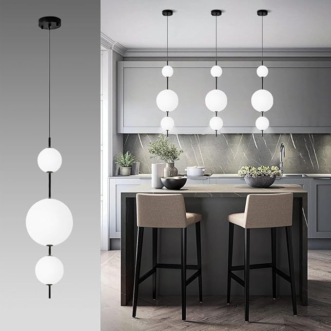 Modern Kitchen Island Pendant Lights, White Acrylic Globe Chandeliers, Dimmable Black LED Pendant Lights, Adjustable Indoor Hanging Light Fixture for Dining Room Bedroom Living Room