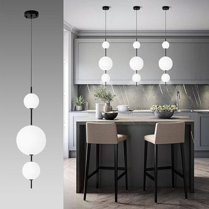 Modern Kitchen Island Pendant Lights, White Acrylic Globe Chandeliers, Dimmable Black LED Pendant Lights, Adjustable Indoor Hanging Light Fixture for Dining Room Bedroom Living Room