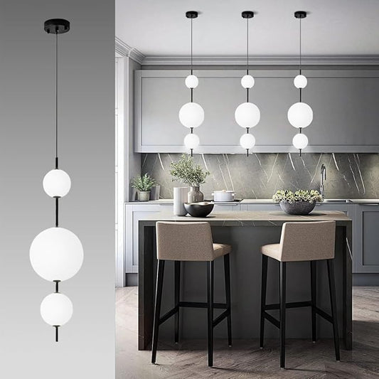 Modern Kitchen Island Pendant Lights, White Acrylic Globe Chandeliers, Dimmable Black LED Pendant Lights, Adjustable Indoor Hanging Light Fixture for Dining Room Bedroom Living Room