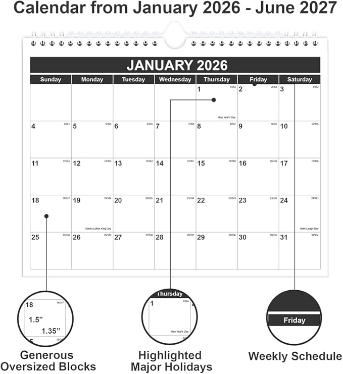 Calendar 2026 - Monthly Wall Calendar from January 2026 - June 2027, Spiral Binding Hanging Wall Calendar 2026 for Home/Office, 8.5" x 11", Black
