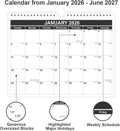 Calendar 2026 - Monthly Wall Calendar from January 2026 - June 2027, Spiral Binding Hanging Wall Calendar 2026 for Home/Office, 8.5" x 11", Black