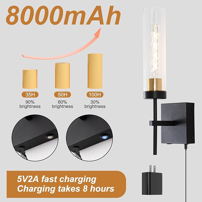 Wall Sconces,Battery Operated Wall Sconce 8000mAh Black Fast Chargin Endurance 100 Hours Infinitely Dimmable 2 Color Bulbs 3000K/6000K with Remote Control Wireless Wall Lights for Bedroom Living