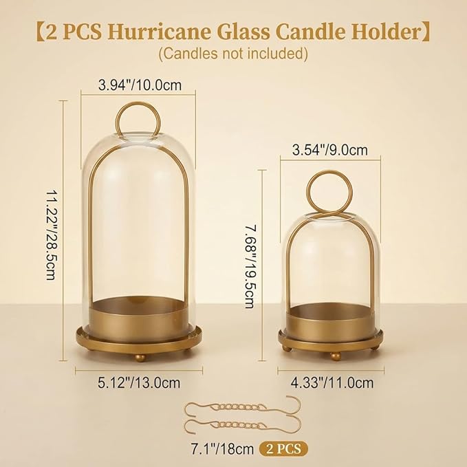 Hurricane Glass Candle Holders Set (5.1"×11.2" & 4.3"×7.7"), Metal Candle Holder with Hook Chains, Handmade Cloche Glass Dome & Antique Brass Candle Holder, for Pillar Candles, Floral Arrangements