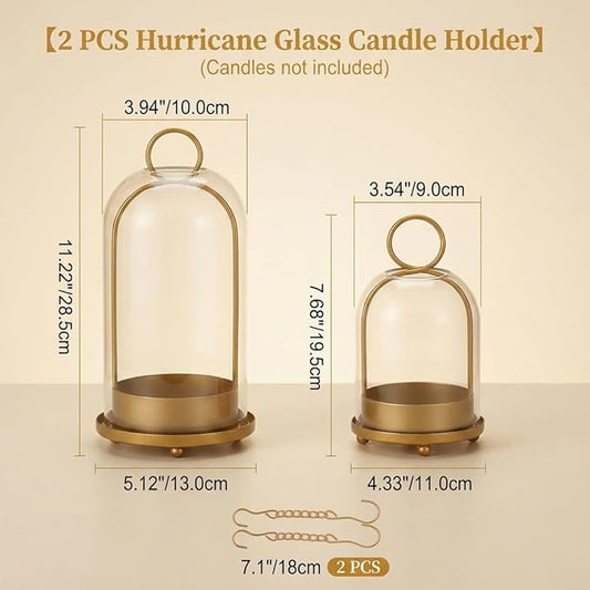 Hurricane Glass Candle Holders Set (5.1"×11.2" & 4.3"×7.7"), Metal Candle Holder with Hook Chains, Handmade Cloche Glass Dome & Antique Brass Candle Holder, for Pillar Candles, Floral Arrangements