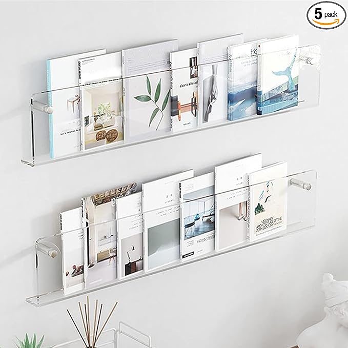 2 Pack - Acrylic Wall Magazine Rack，Clear Brochure Holder Wall Mount,record Holder Wall,Hanging Bookshelf Literature Storage Rack,floating Bookshelves for Offcie Home (47.2in)