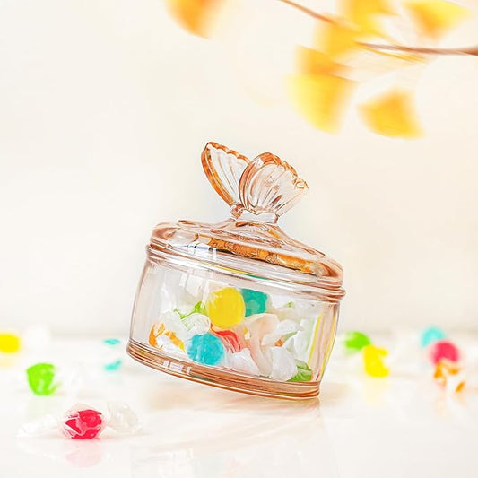 kanpura Embossed Glass Candy Dish with Lid Covered Candy Dish Decorative Glass Jars Jewelry Box for Christmas Party Buffet Decorative(Pink Coffee)