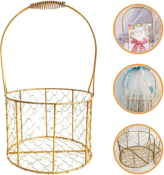 Decorative Iron Wire Fruit Basket with Handle Round Storage Basket for Wedding Decoration Floral Arrangements and Organizing Charming and Versatile Design