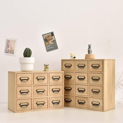 KIRIGEN Wood Drawer Organizer Desktop Storage Cabinet Box Drawers for Home Office Desk Organization and Storage 12 Drawer Mini Chest with Metal Handles Natural(12CG-NA)