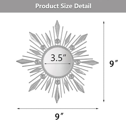 Silver Mirrors Wall Decor, Metal Sunburst Mirror Wall Art Christmas Decorative Mirrors, 9 inch Home Christmas Decoration Rhinestone Small Mirror for Living Room Entryway Set of 3