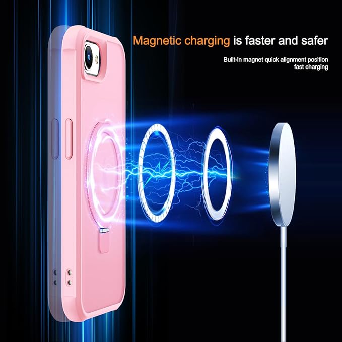 Compatible with iPhone 16E Case with Invisible Magnetic O-Ring Stand Military-Grade Translucent Case for iPhone 16E 6.1" 2025 [Compatible with Mag-Safe][Great Grip Feeling], Pink