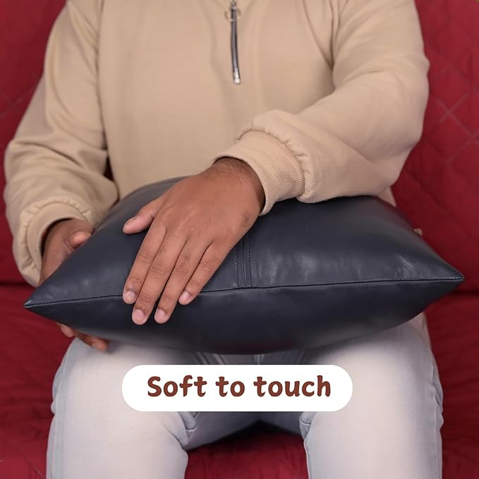 Lambskin Leather Pillow Cover, Hand Panel Stitched Leather Decorative Throw Pillow Covers for Couch Sofa Bed Living Room Garden (20x20 Inches, Gun Metal Blue Pack of 1)