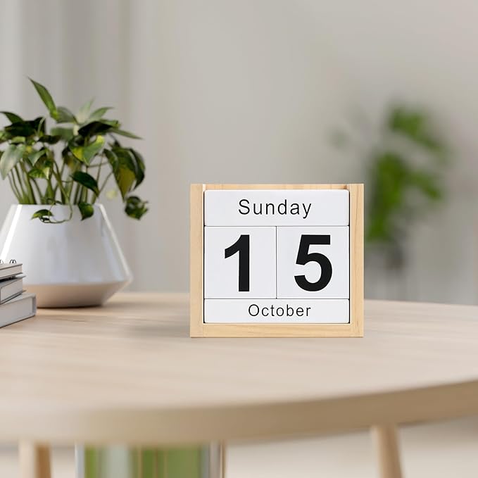 Wooden Block Calendar for Desk, Daily Desktop Perpetual Desk Calendar, Cute Date Display Blocks Desk Accessory for Home Office Decor, Teacher, Classroom, Reusable Yearly, Wood Grain