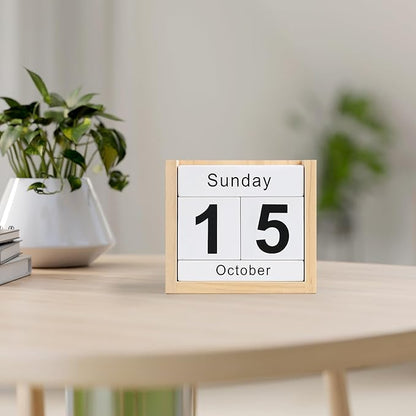 Wooden Block Calendar for Desk, Daily Desktop Perpetual Desk Calendar, Cute Date Display Blocks Desk Accessory for Home Office Decor, Teacher, Classroom, Reusable Yearly, Wood Grain