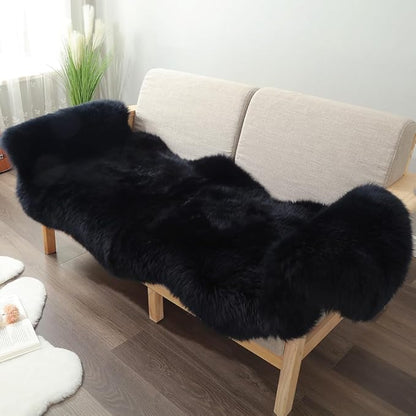 Premium Genuine Fur Sheepskin Rug Real Australia Sheepskin Natural Luxury Fluffy Lambskin Fur Area Rug Seat Covers for Kids Bedroom Sofa Chair Cover (Black, Double Pelt/2ft x 6ft)